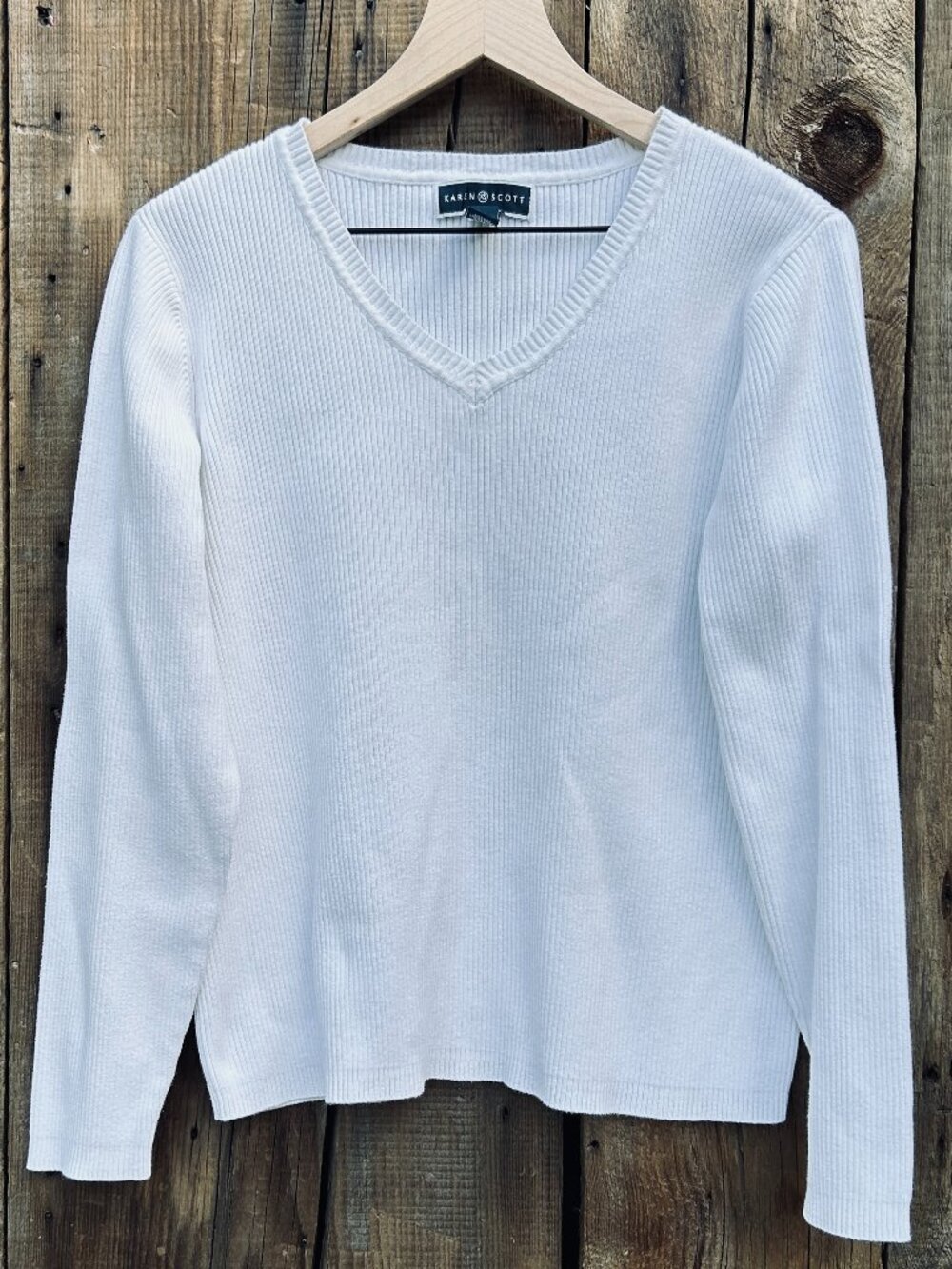 Karen Scott Bright White Knit V Neck Sweater Size XL